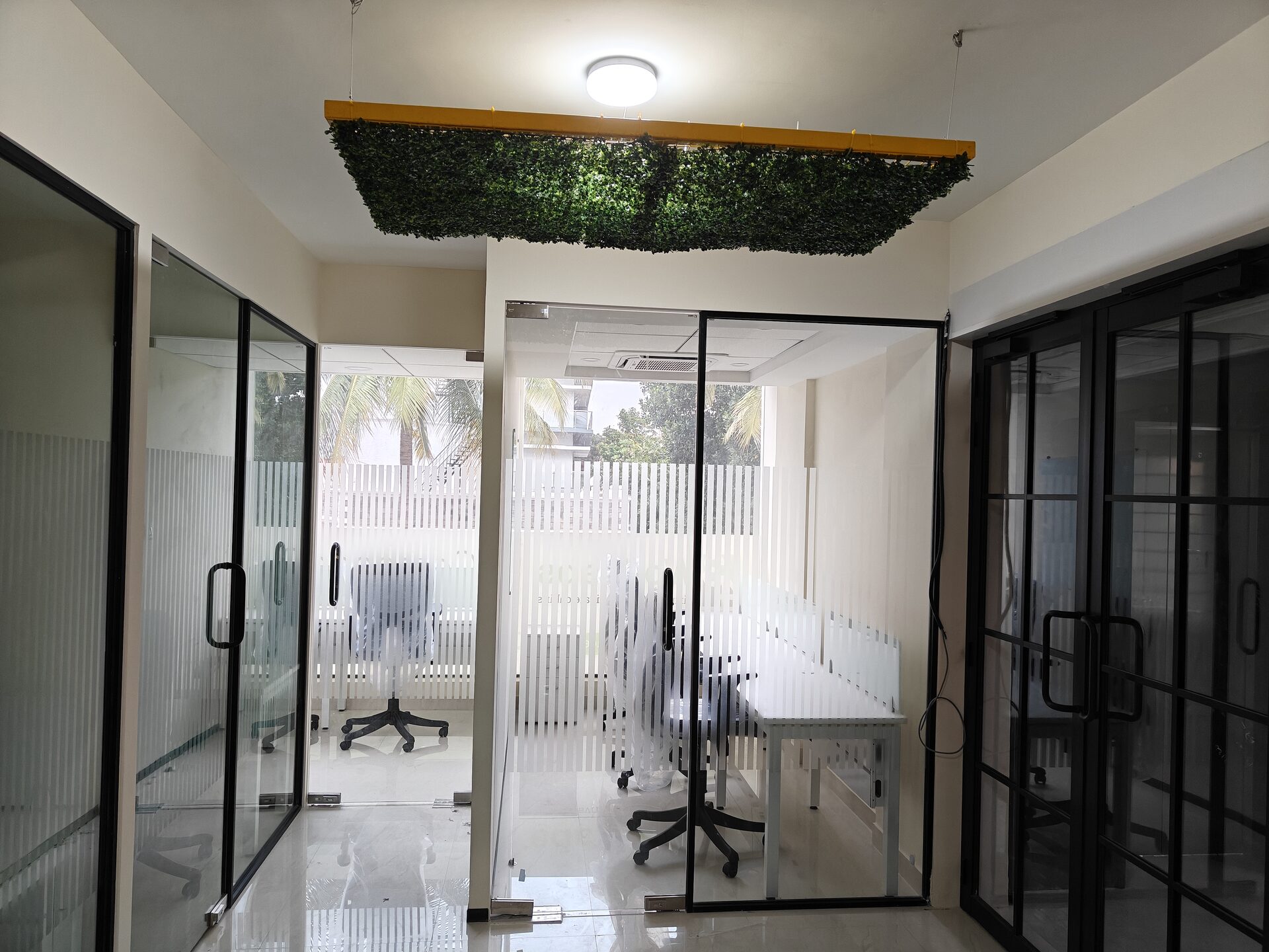 Ceiling greenery installation at 43 Workspace